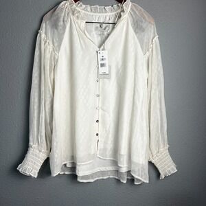 NWT Cupio White Blouse Sheer Long Sleeve Ruffle Neck Victorian Button Down Top M